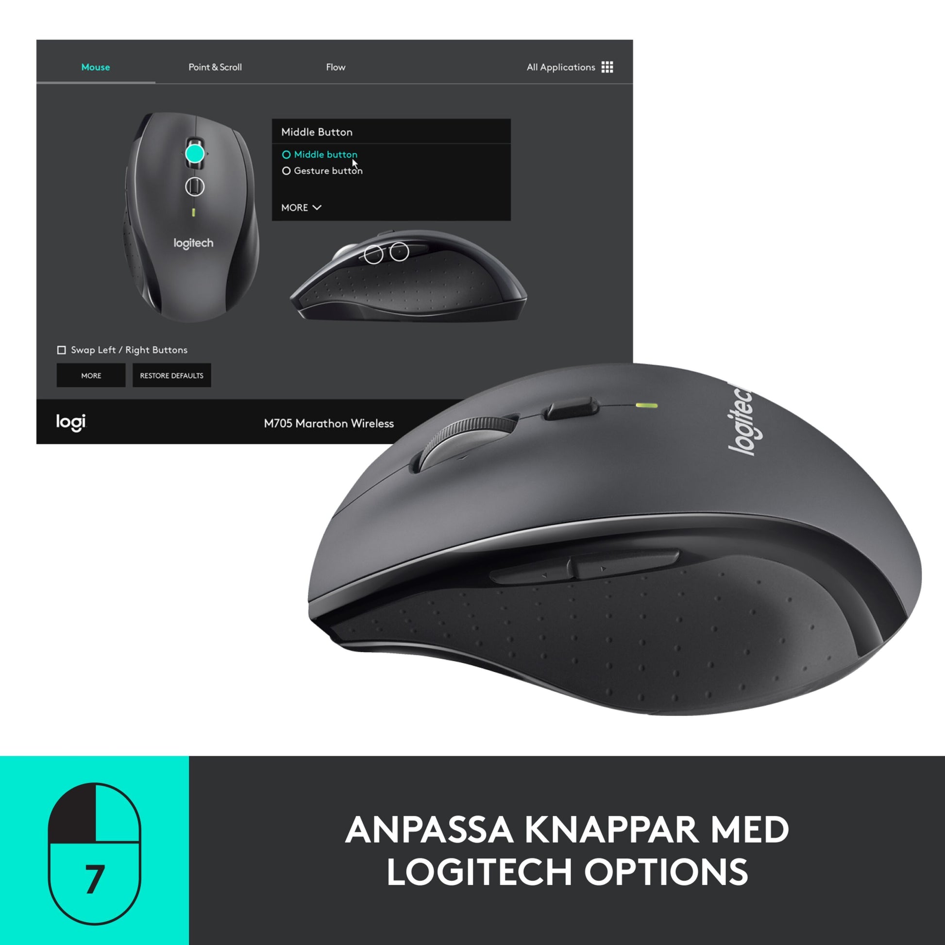 Logitech M705 trådløs computermus med skærmbillede af Options-software, viser justerbare knapper og svensk tekst.