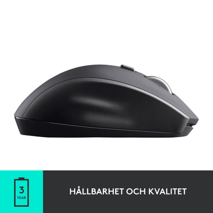Logitech M705 sort trådløs mus i profil, turkis 3 YEAR ikon og svensk tekst "HÅLLBARHET OCH KVALITET.