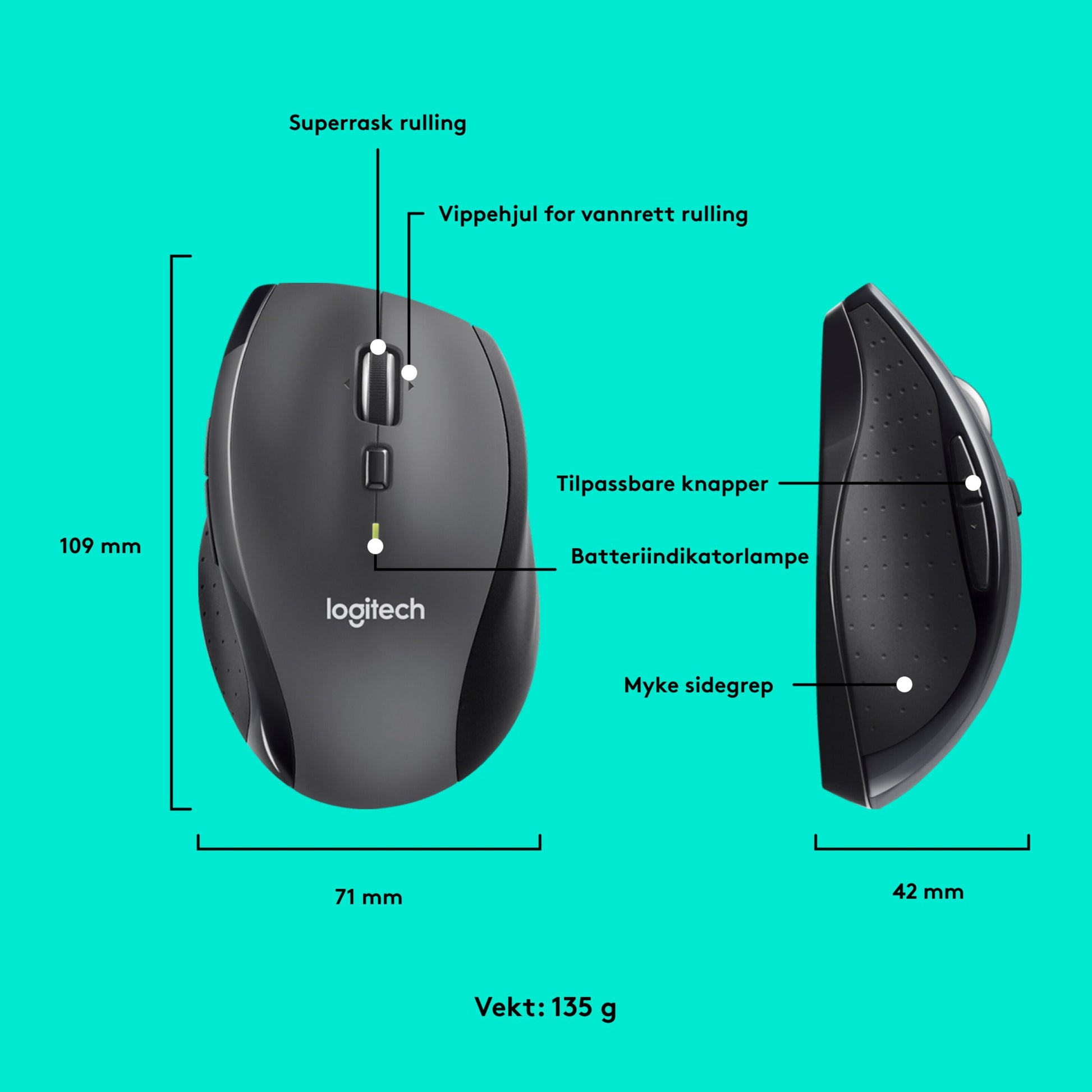 Logitech M705 trådløs computermus sort, top- og sidevisning, norske labels på knapper, mål, vægt, batteriindikator.