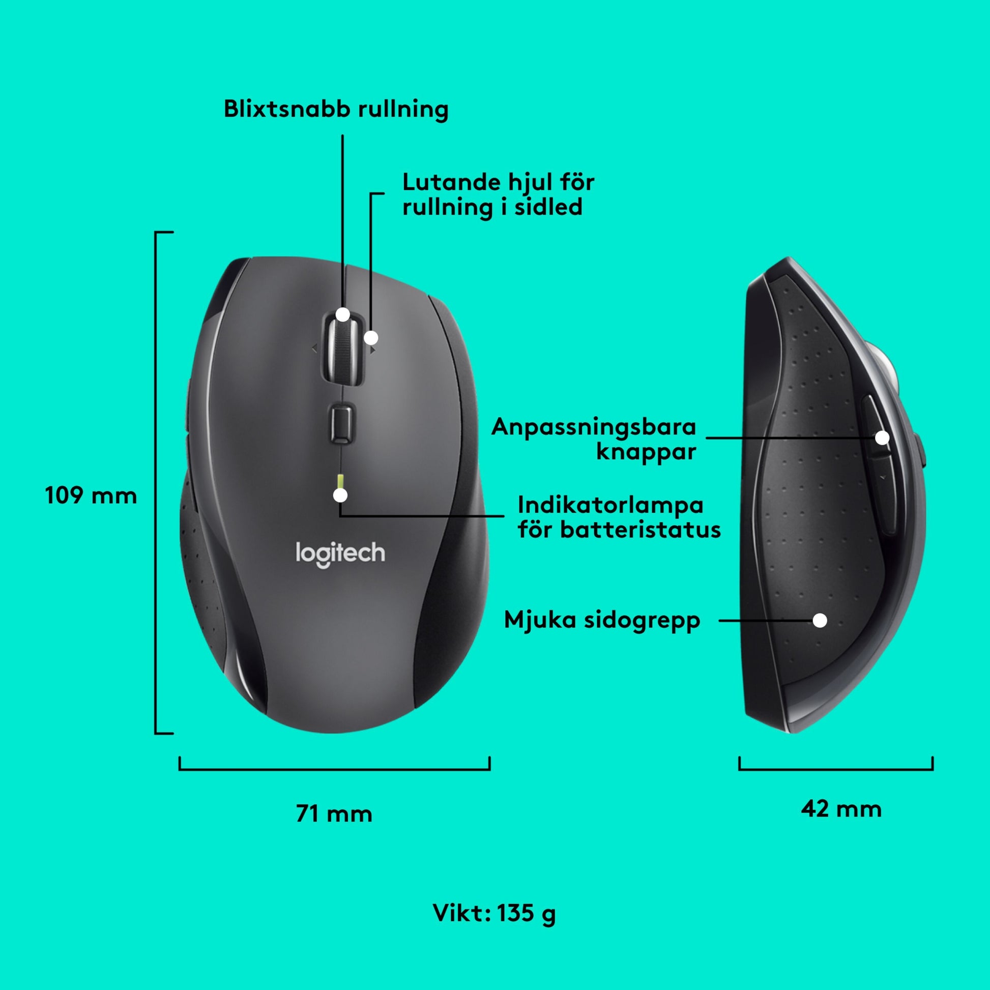 Logitech M705 trådløs mus, hurtig scrollhjul, tilt, programmerbare knapper, batteriindikator, 109x71x42mm, 135g.