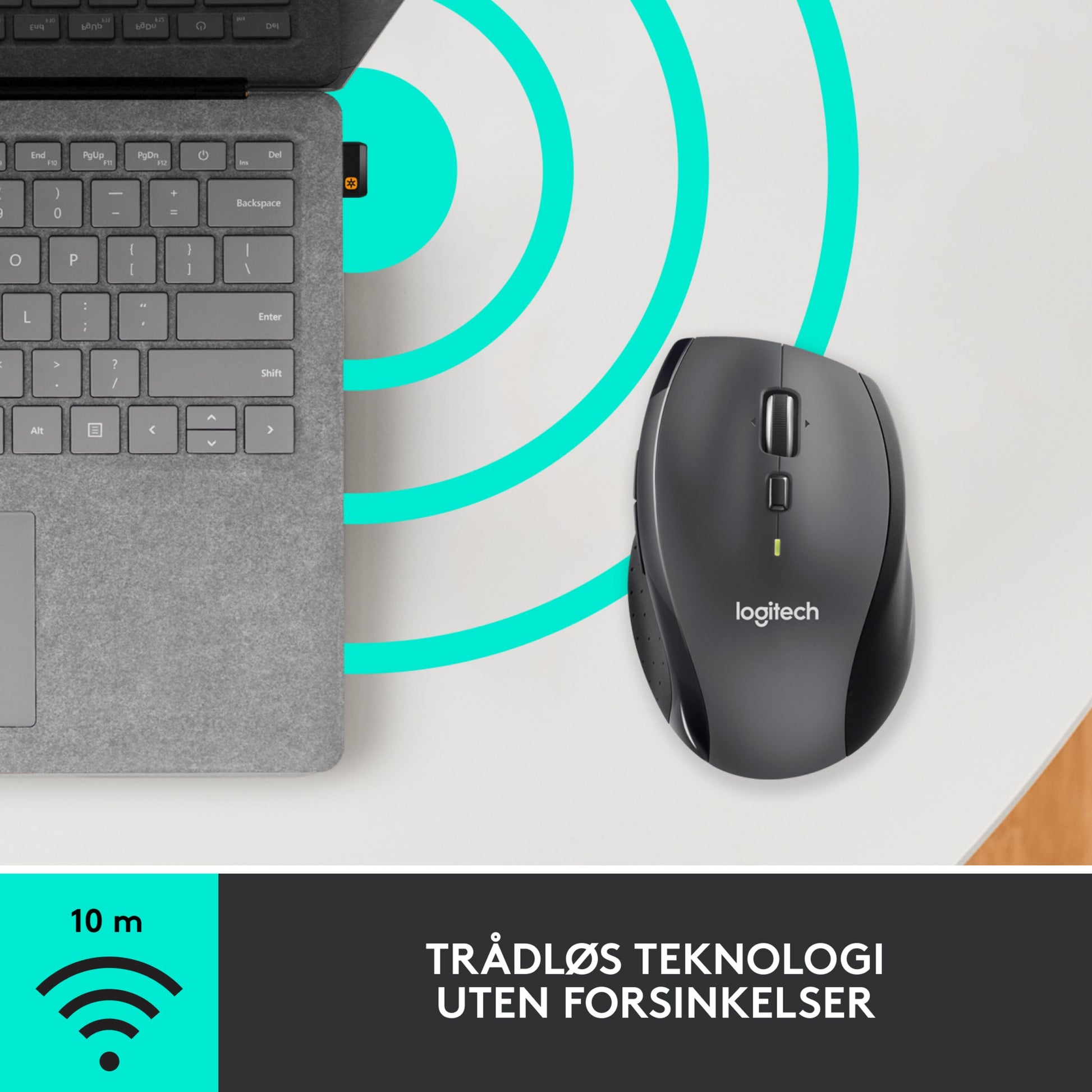 Logitech M705 trådløs mus sort ved bærbar, blå signalgrafik, tekst: Trådløs teknologi op til 10 m rækkevidde.
