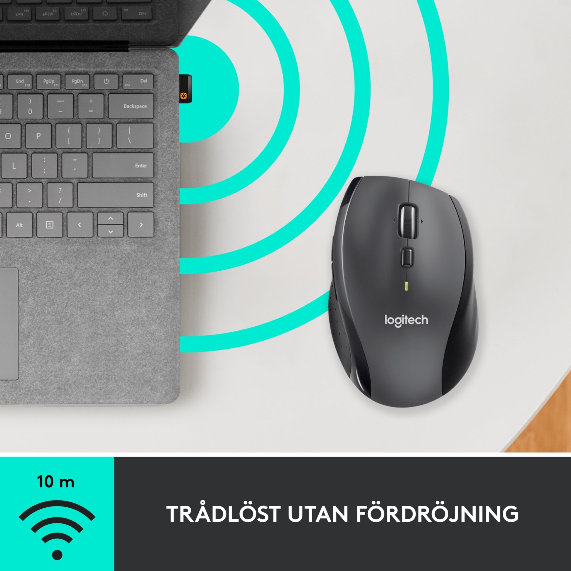 Logitech M705 trådløs computermus ved laptop, blå signalgrafik, tekst: 10 m trådløst uden forsinkelse.