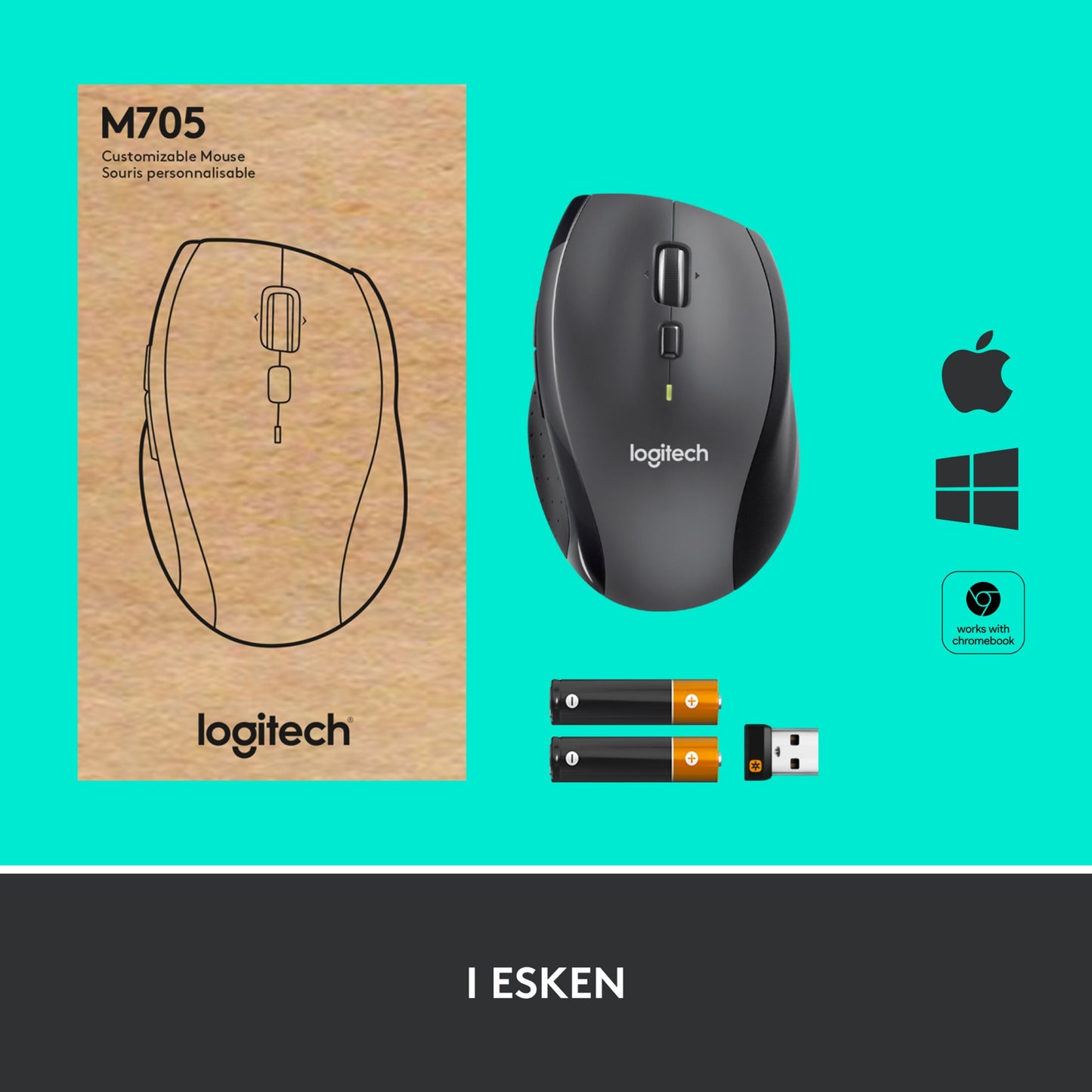 Logitech M705 trådløs mus med lang batteritid, to AA-batterier, USB-modtager og "I ESKEN"-tekst, Apple/Windows/Chrome OS ikoner.