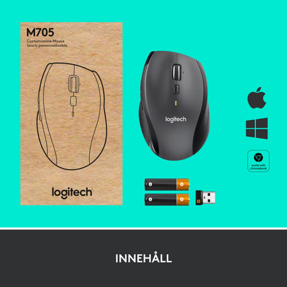Logitech M705 trådløs computermus, mørkegrå, med æske, to AA-batterier og USB-modtager, kompatibel med Mac/Windows/Chromebook.