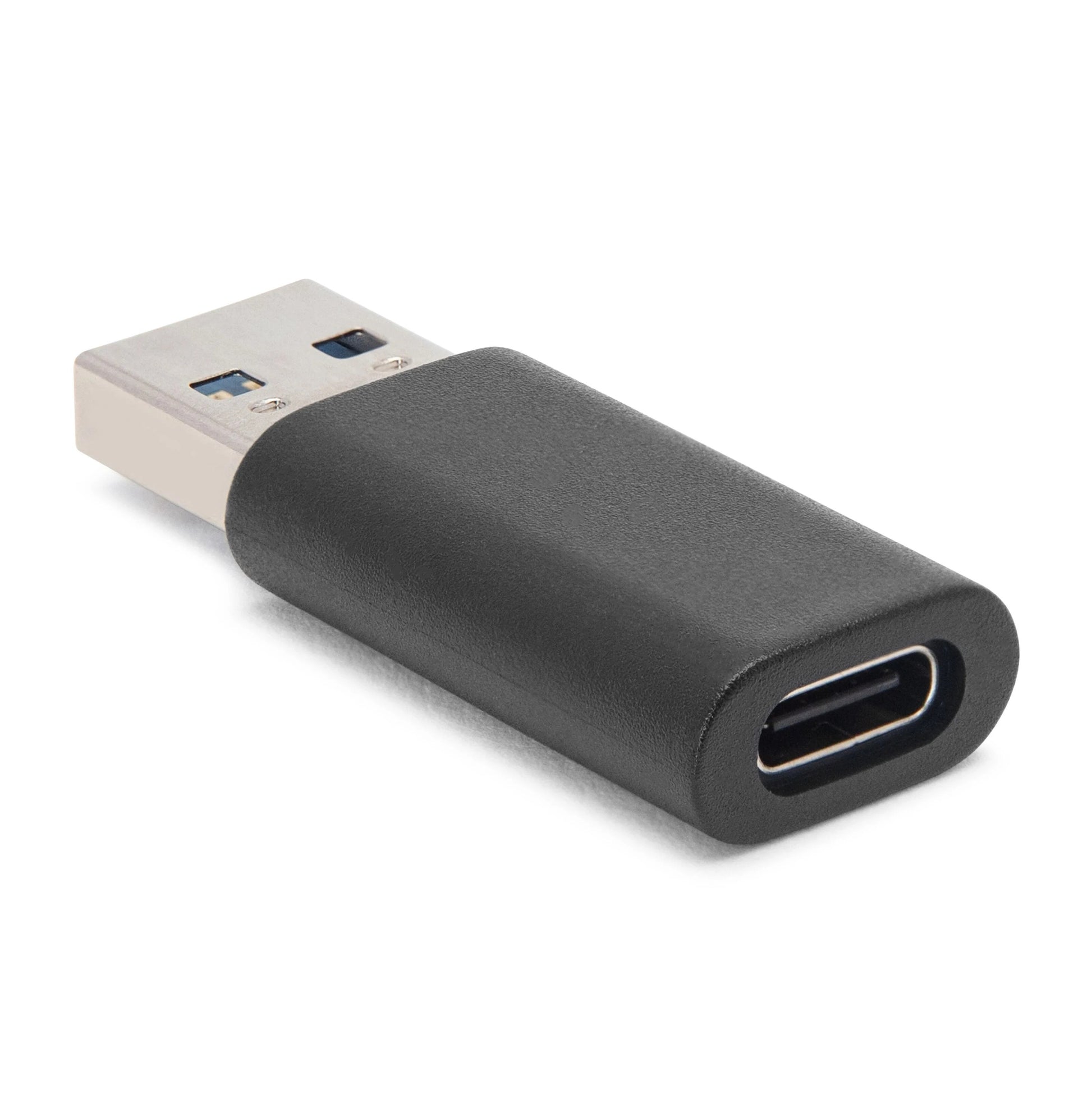 Plexgear USB-A til USB-C adapter, sort, USB 3.2, understøtter 10 Gb/s datahastighed, USB-A stik og USB-C port.
