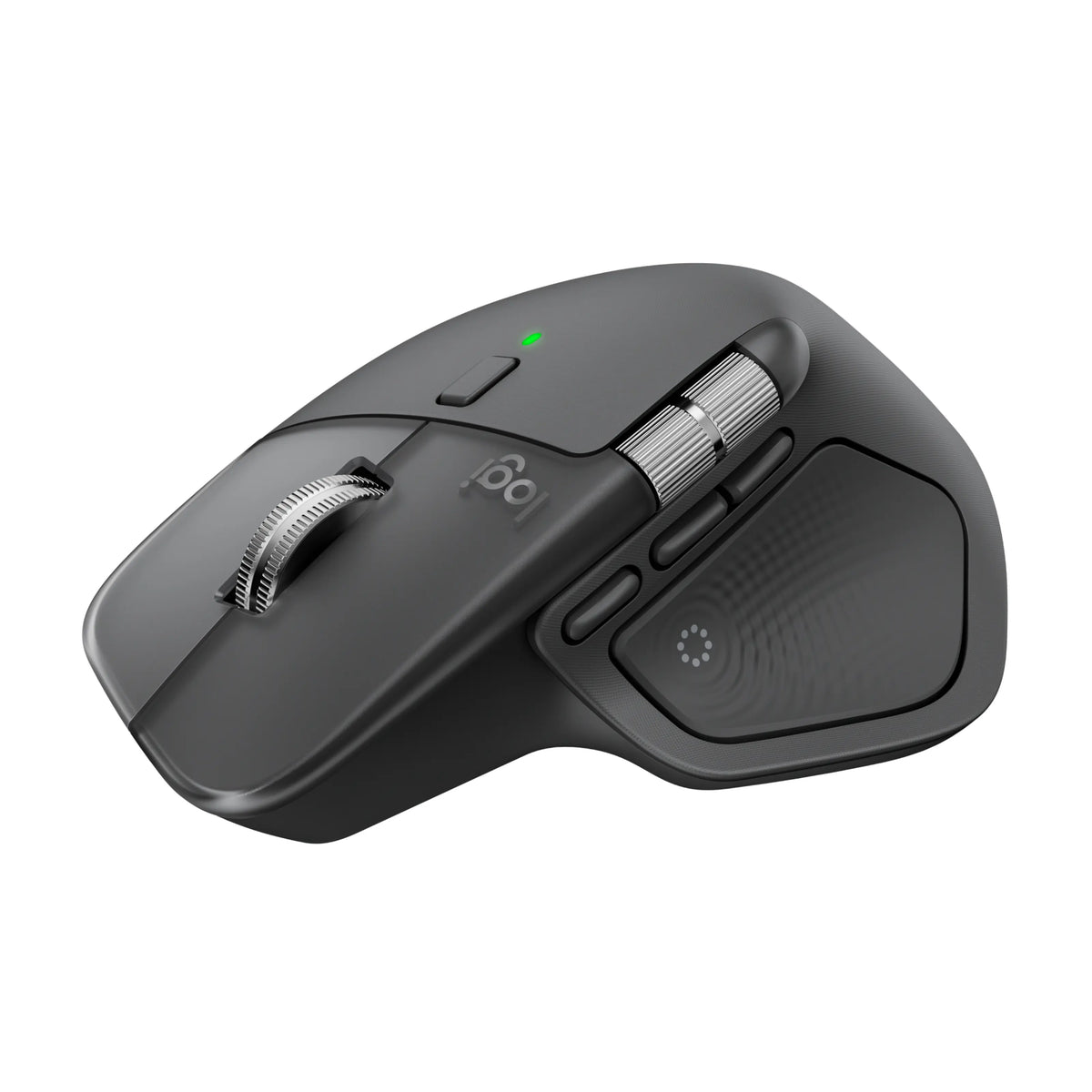 Logitech MX Master 4 – trådløs ergonomisk mus i grafitfarve med to rullehjul, sideknapper og grøn statuslampe.