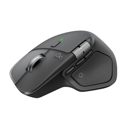 Logitech MX Master 4 – trådløs ergonomisk mus i grafitfarve med to rullehjul, sideknapper og grøn statuslampe.