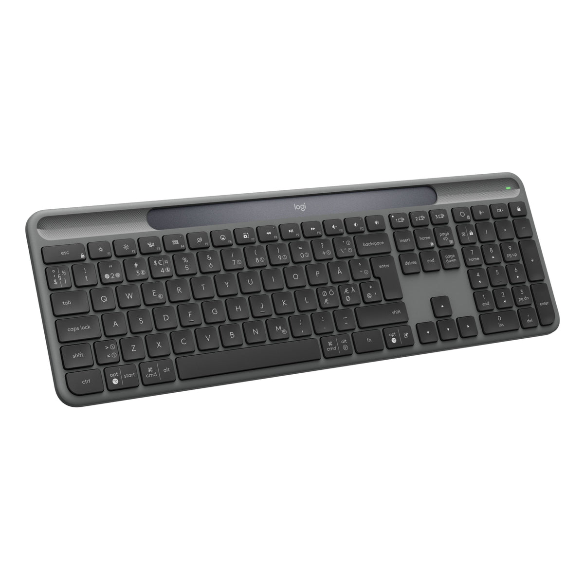 Logitech Signature Slim Solar+ trådløst tastatur med solcellepanel og nordisk tastaturlayout.
