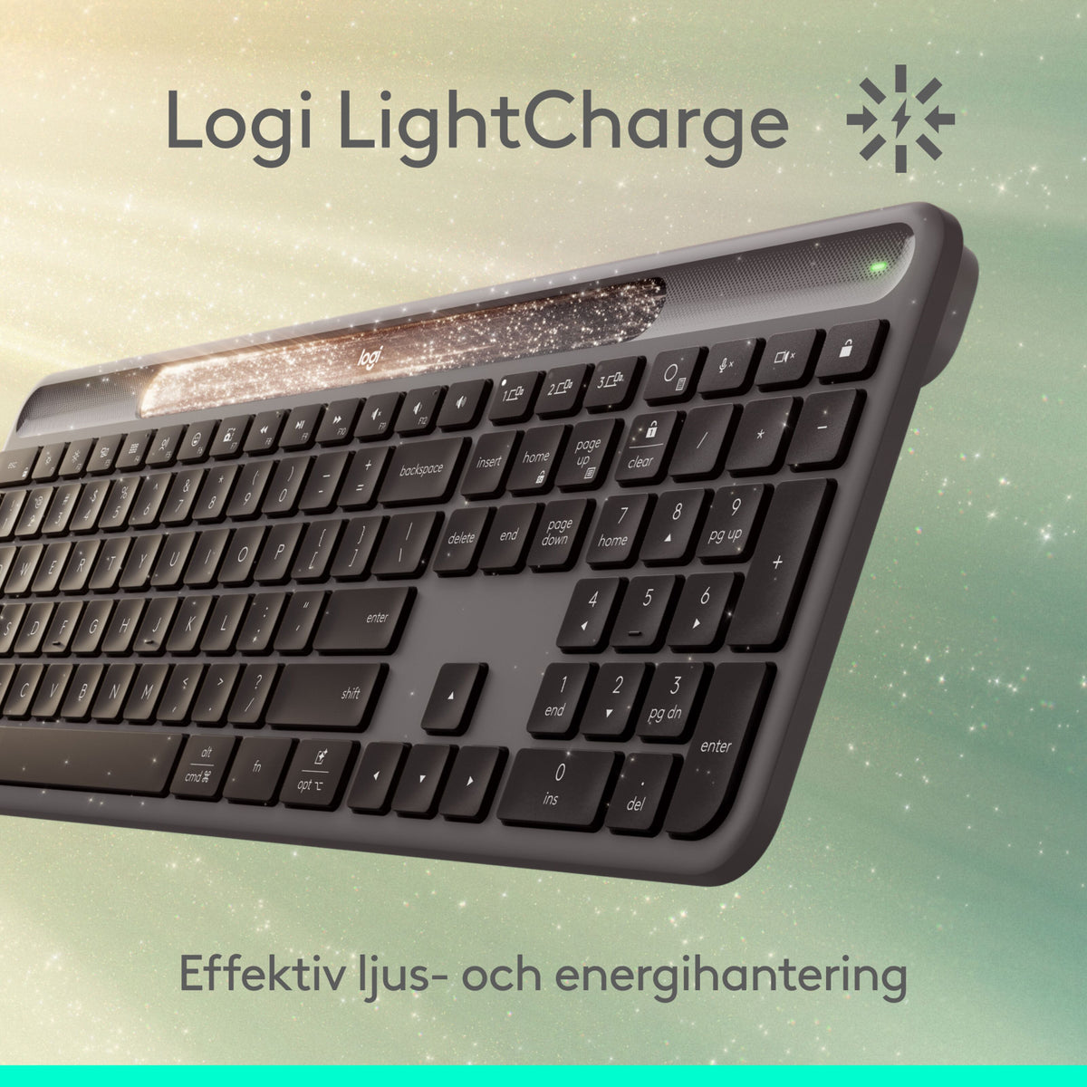 Logitech Signature Slim Solar+ trådløst tastatur med solcellepanel over tasterne og statusindikator i hjørnet.