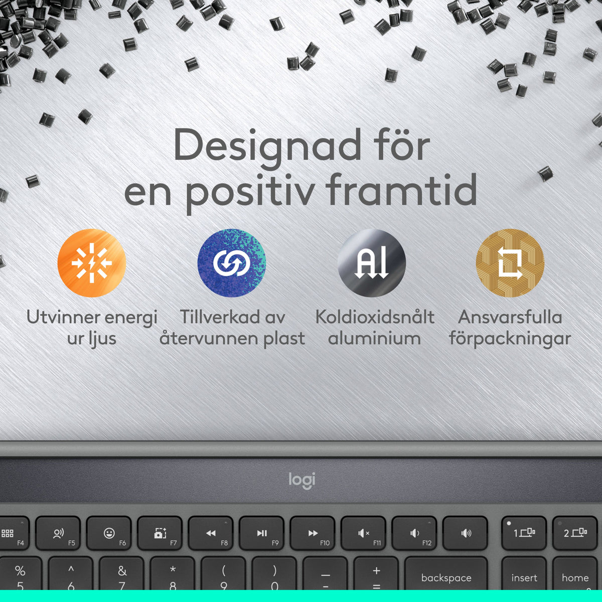 Logitech Signature Slim Solar+ trådløst tastatur i genbrugsplast og aluminium med solcellepanel og funktionstaster.