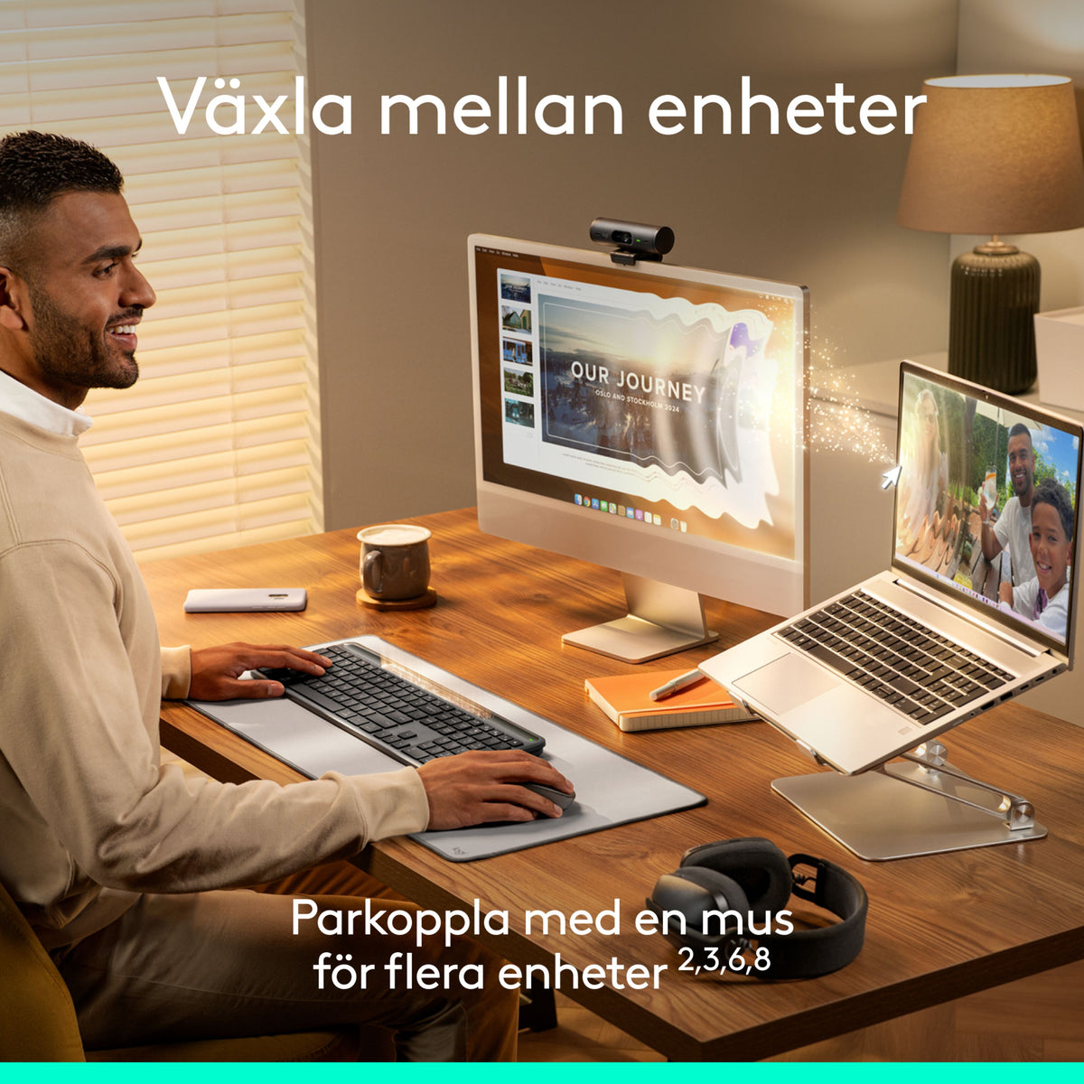 Logitech Signature Slim Solar+ trådløst tastatur og mus ved skrivebordet sammen med en skærm og en bærbar computer.