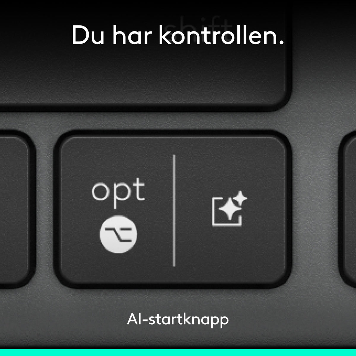 Logitech Signature Slim Solar+ tastatur, nærbillede af en tast med AI-stjerneikon og teksten Du har kontrollen samt AI-startknappen.