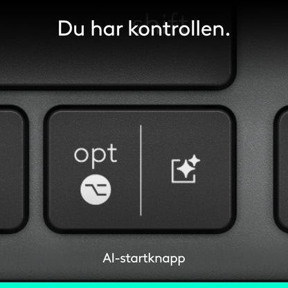 Logitech Signature Slim Solar+ tastatur, nærbillede af en tast med AI-stjerneikon og teksten Du har kontrollen samt AI-startknappen.