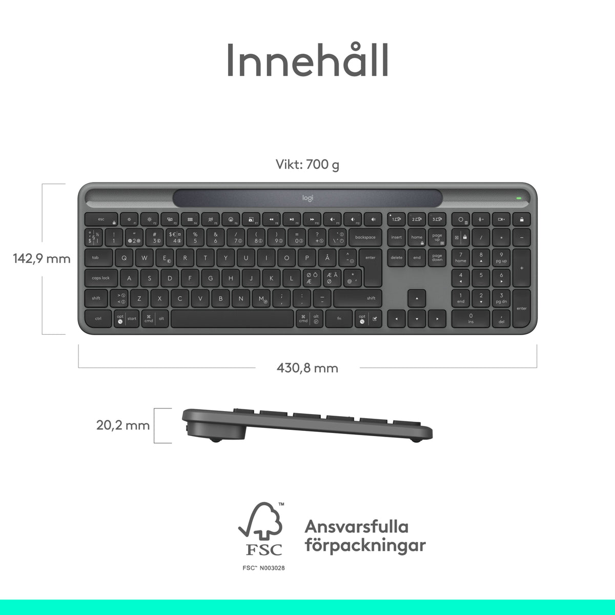 Logitech Signature Slim Solar+ trådløst tastatur med solcellepanel, vist set ovenfra og fra siden med målangivelser.