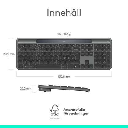 Logitech Signature Slim Solar+ trådløst tastatur med solcellepanel, vist set ovenfra og fra siden med målangivelser.