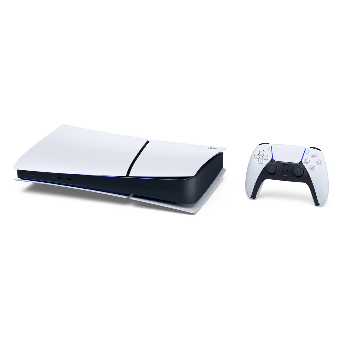 Sony PlayStation 5 Slim Digital Edition 825 GB E-chassis-spilkonsol i hvid og sort med trådløs controller.