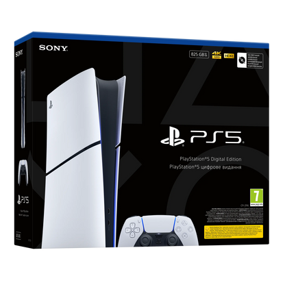 Sony PlayStation 5 Slim Digital Edition 825 GB E-chassis-konsol og trådløs controller i salgsemballage.