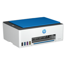 HP Smart Tank 5109 alt-i-én-printer, hvid med blå top, fire synlige genopfyldelige blækbeholdere (sort, gul, magenta, cyan) på venstre side foran.