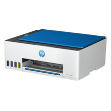 HP Smart Tank 5109 alt-i-én-printer, hvid/blå, genopfyldelige blækbeholdere foran til venstre, fladbedscanner øverst, udskriftsbakke under HP-logoet.