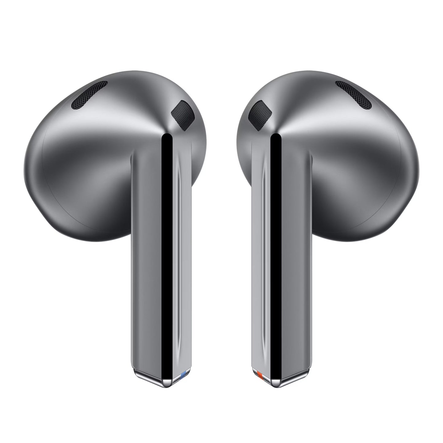 Samsung Galaxy Buds3 trådløse høretelefoner Sølv med sorte detaljer og synlige højtalergitre, stående oprejst.