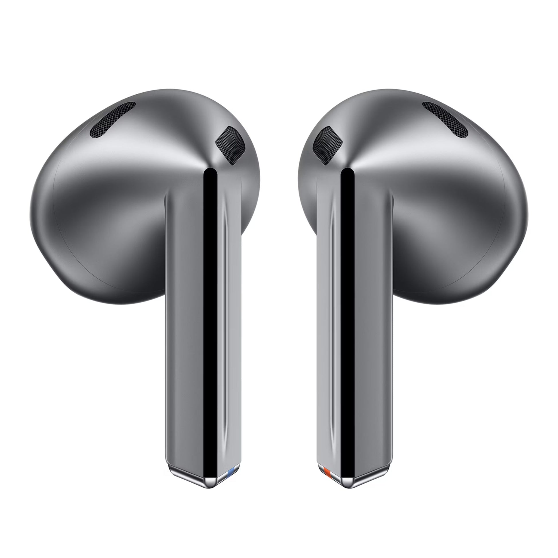 Samsung Galaxy Buds3 trådløse høretelefoner Sølv med sorte detaljer og synlige højtalergitre, stående oprejst.
