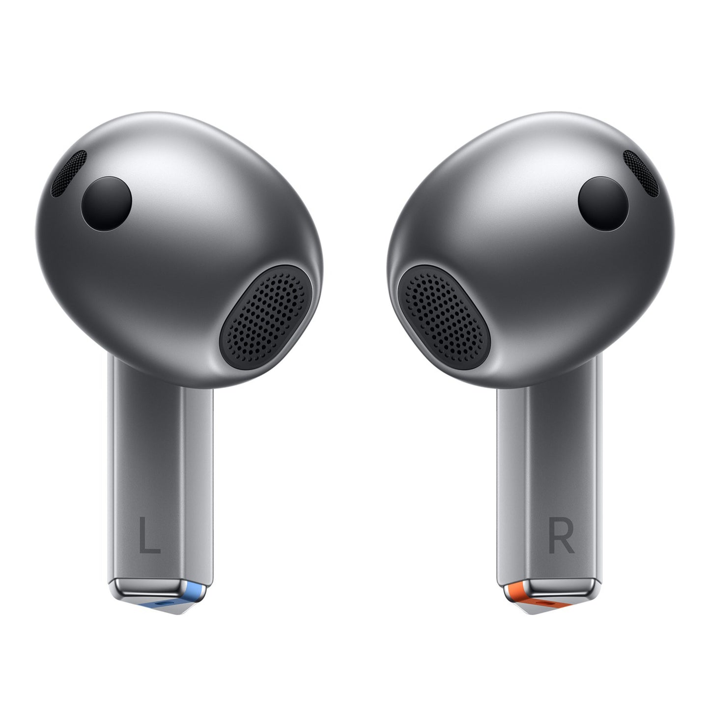 Samsung Galaxy Buds3 trådløse høretelefoner sølv, blå accent på L og orange på R, aktiv støjreduktion.