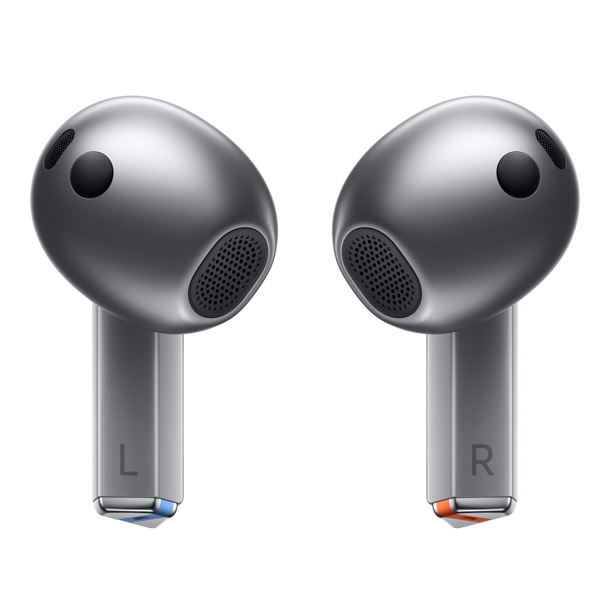 Samsung Galaxy Buds3 trådløse høretelefoner sølv, blå accent på L og orange på R, aktiv støjreduktion.