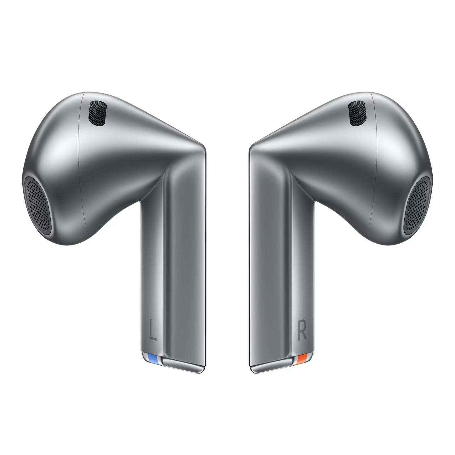Samsung Galaxy Buds3 trådløse høretelefoner sølv, L og R markering, farvedetaljer på stilk, aktiv støjreduktion.