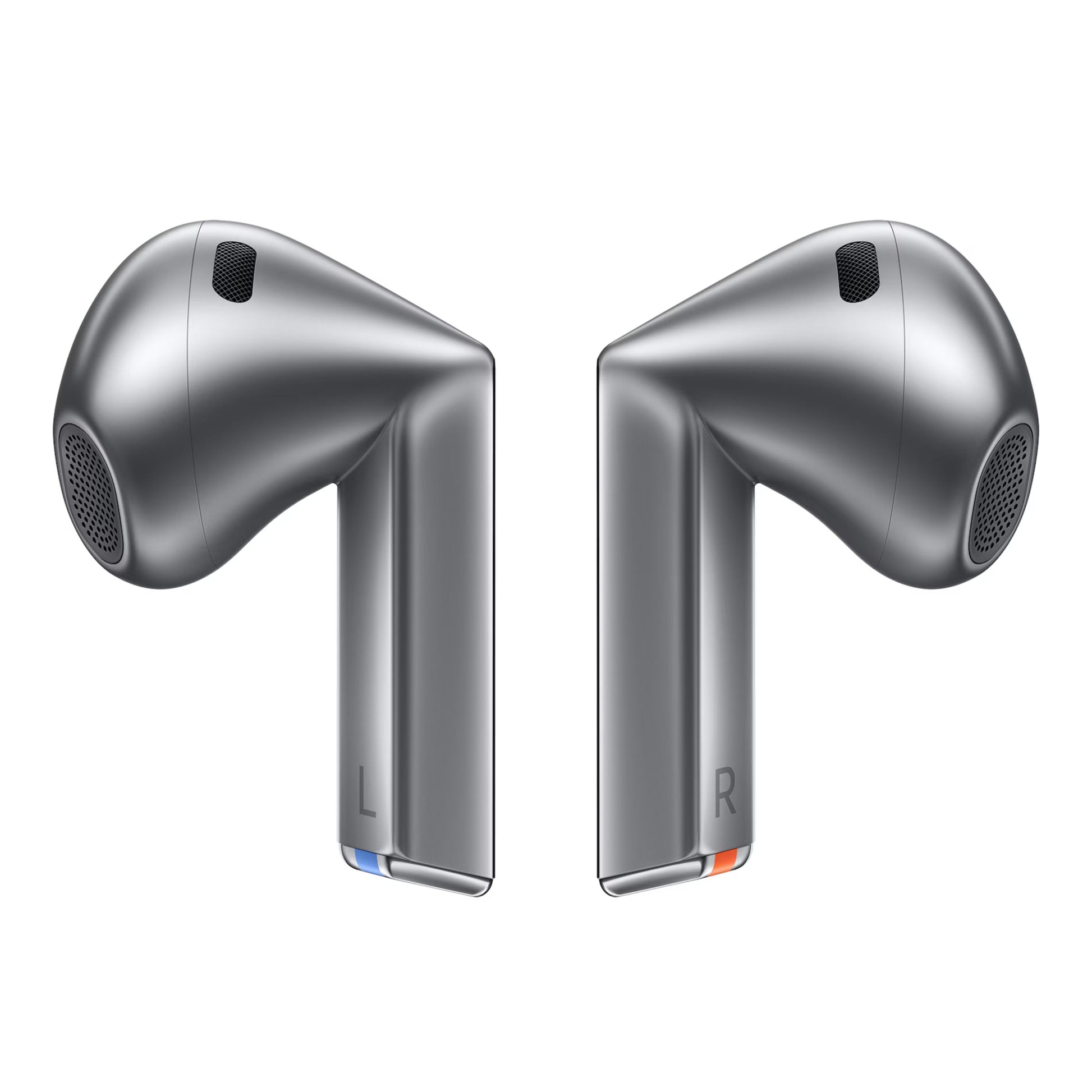 Samsung Galaxy Buds3 trådløse høretelefoner sølv, L og R markering, farvedetaljer på stilk, aktiv støjreduktion.