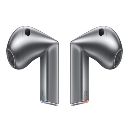 Samsung Galaxy Buds3 trådløse høretelefoner sølv, L og R markering, farvedetaljer på stilk, aktiv støjreduktion.