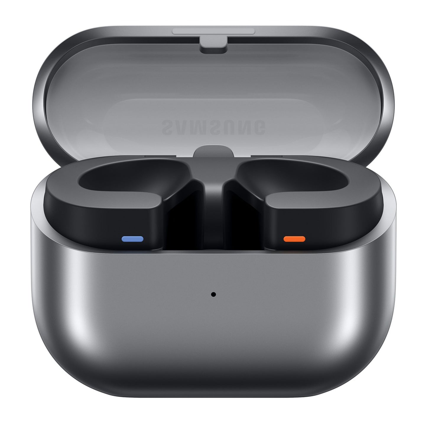 Samsung Galaxy Buds3 trådløse høretelefoner sølv med blå og orange indikatorer i åben sølv opladeetui med Samsung-logo.