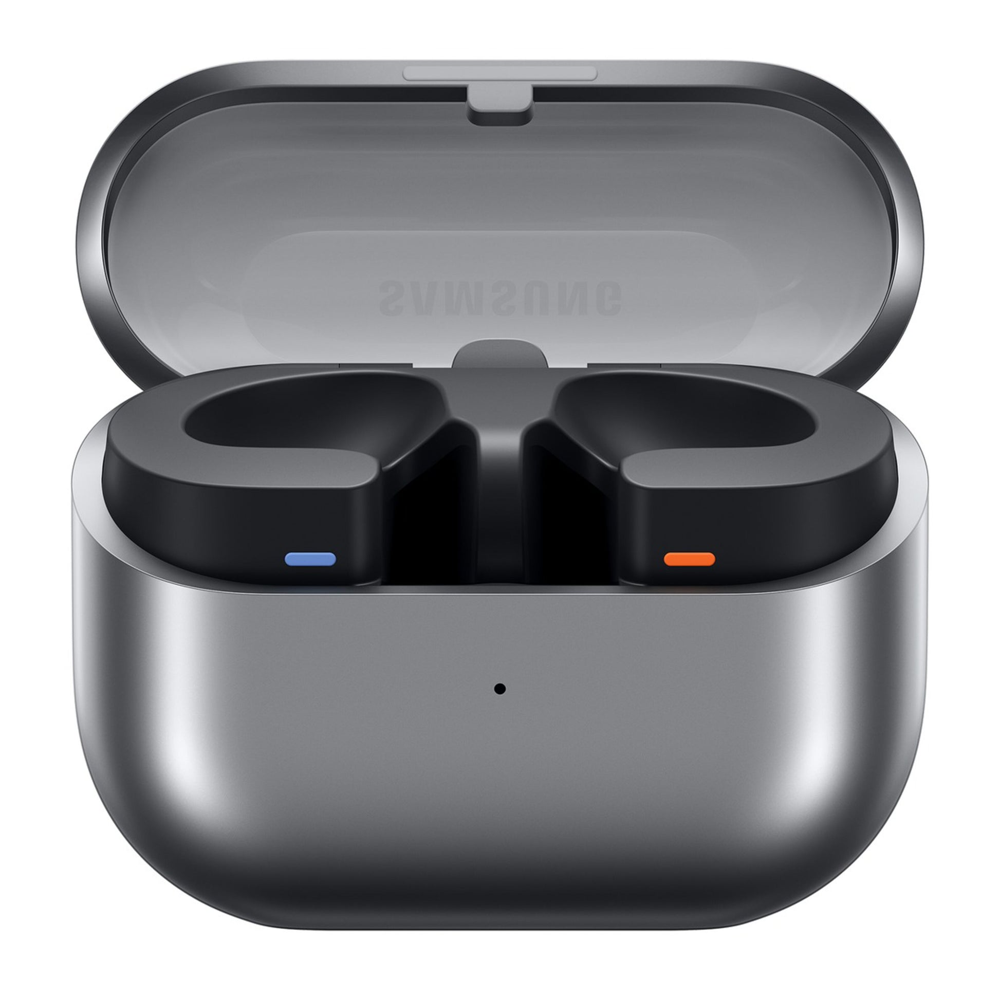 Samsung Galaxy Buds3 trådløse høretelefoner sølv med blå og orange indikatorer i åben sølv opladeetui med Samsung-logo.