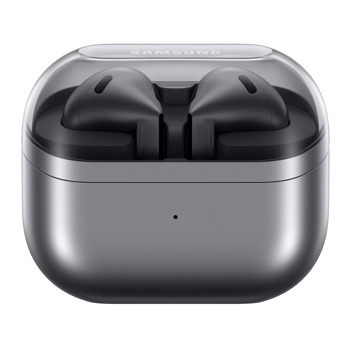 Samsung Galaxy Buds3 trådløse høretelefoner sølv i gråt opladeetui med gennemsigtig låg, aktiv støjreduktion, Samsung-logo.