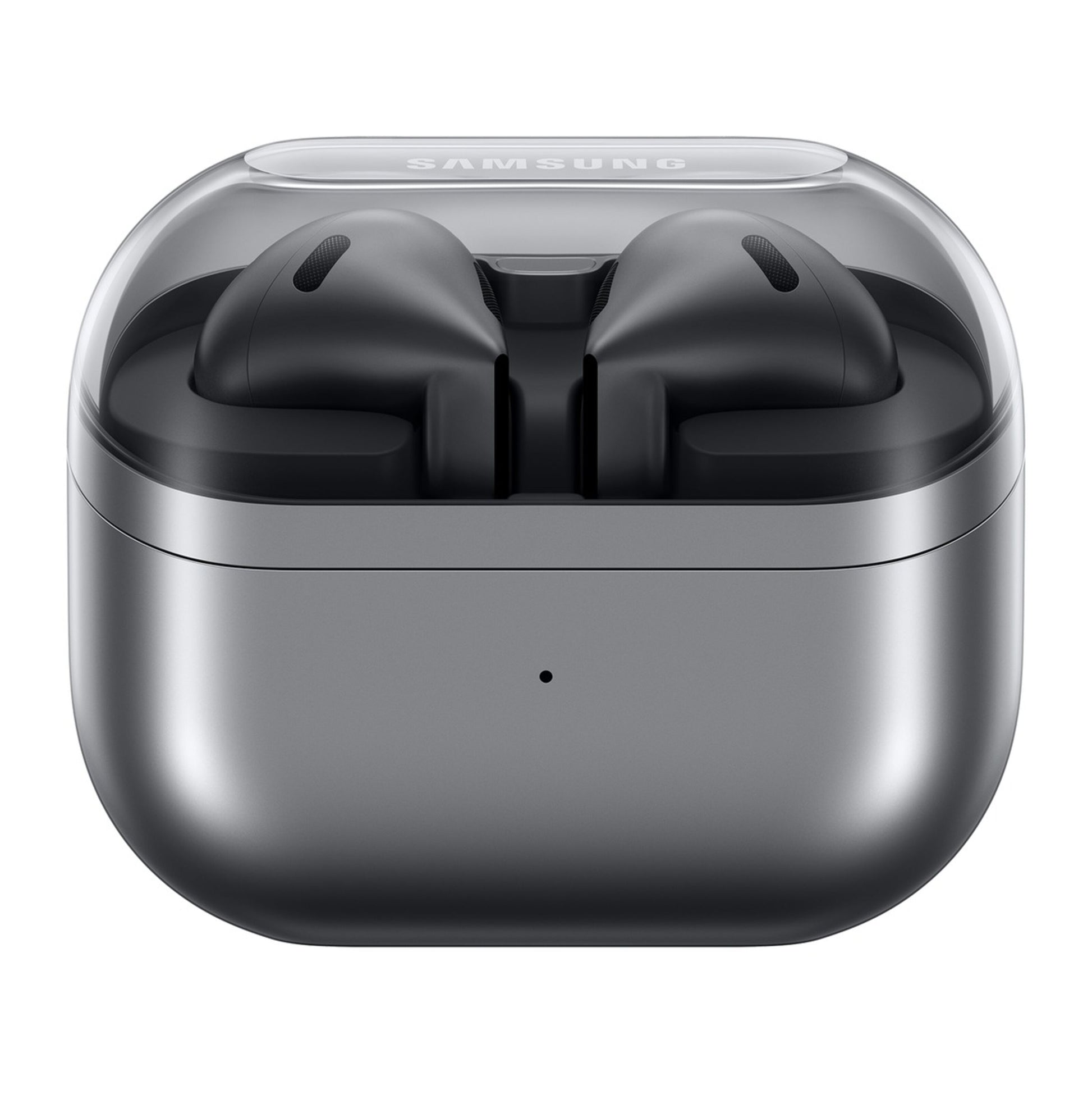 Samsung Galaxy Buds3 trådløse høretelefoner sølv i gråt opladeetui med gennemsigtig låg, aktiv støjreduktion, Samsung-logo.