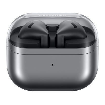 Samsung Galaxy Buds3 trådløse høretelefoner sølv i gråt opladeetui med gennemsigtig låg, aktiv støjreduktion, Samsung-logo.
