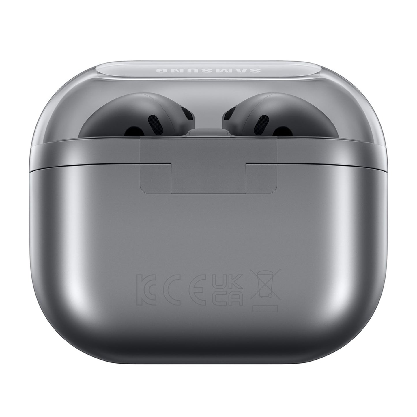 Samsung Galaxy Buds3 trådløse høretelefoner sølv i grå etui med gennemsigtigt låg, front, certifikationsmærker vises.
