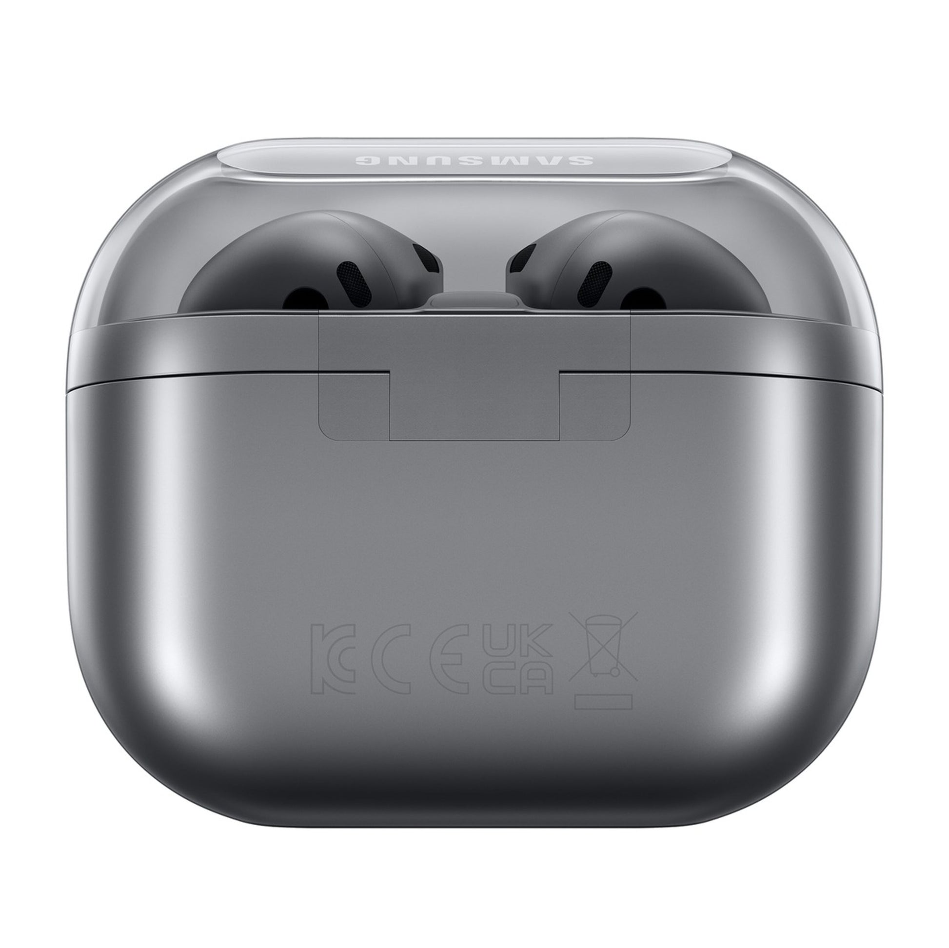 Samsung Galaxy Buds3 trådløse høretelefoner sølv i grå etui med gennemsigtigt låg, front, certifikationsmærker vises.
