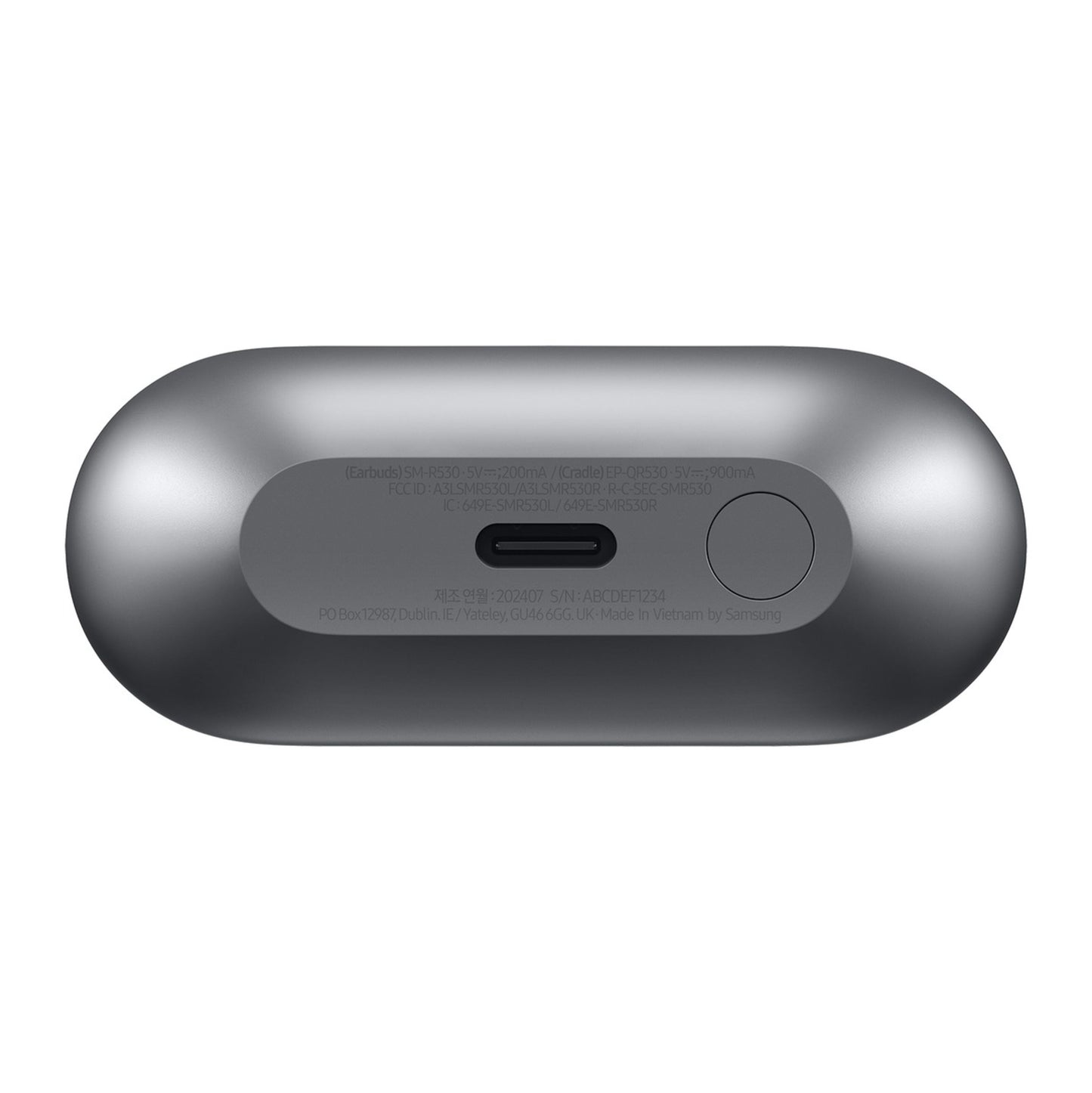 Samsung Galaxy Buds3 trådløse høretelefoner sølv, USB-C port og indgravering, aktiv støjreduktion, close-up bund.