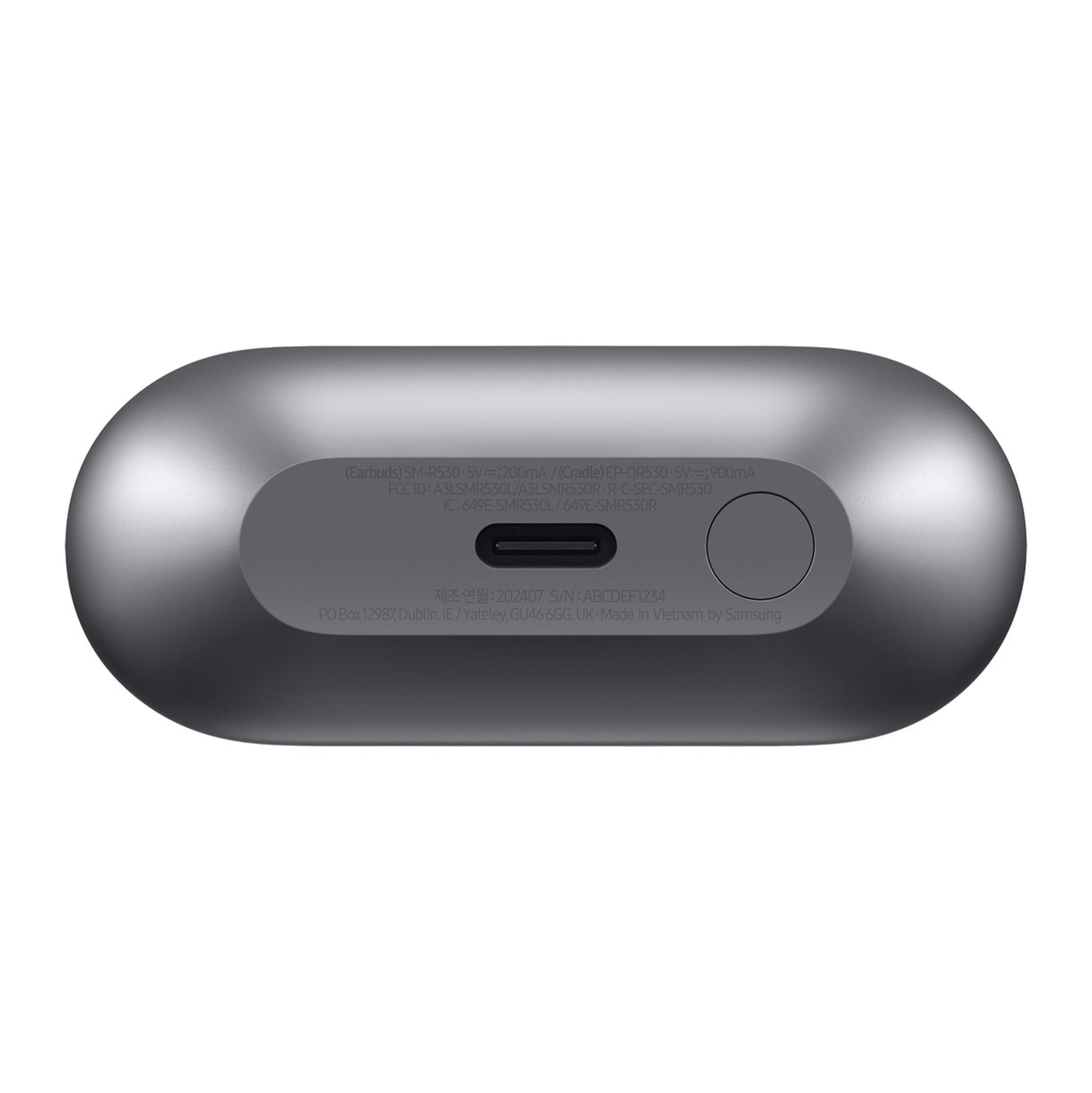 Samsung Galaxy Buds3 trådløse høretelefoner sølv, USB-C port og indgravering, aktiv støjreduktion, close-up bund.