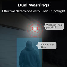 REOLINK P334 Dome 4K-overvågningskamera med hvidt spotlight, røde advarselsringe og teksten »Dual Warnings: Siren + Spotlight«.