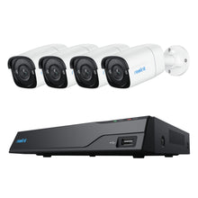 REOLINK NVS8-5MB4 sort netværksoptager med fire 5 MP PoE-kameraer, statuslamper og USB-port på forsiden.