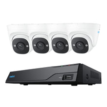 REOLINK NVS8-5MD4 PoE-overvågningssystem med 4 stk. 5 MP-kameraer og sort netværksoptager med USB-port og statuslampe.
