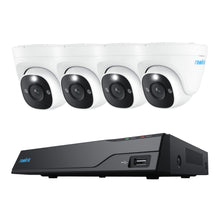 REOLINK NVS8-8MD4-overvågningssystem med fire hvide 4K-kameraer og en sort PoE NVR-boks.