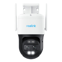 REOLINK TrackMix WiFi PTZ-overvågningskamera i hvid/sort med to antenner, dobbeltlinse og LED-lys på hvidt beslag.