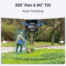 REOLINK TrackMix WiFi PTZ-overvågningskamera med 355° panorering, 90° hældning og blå boks til bevægelsesdetektering.