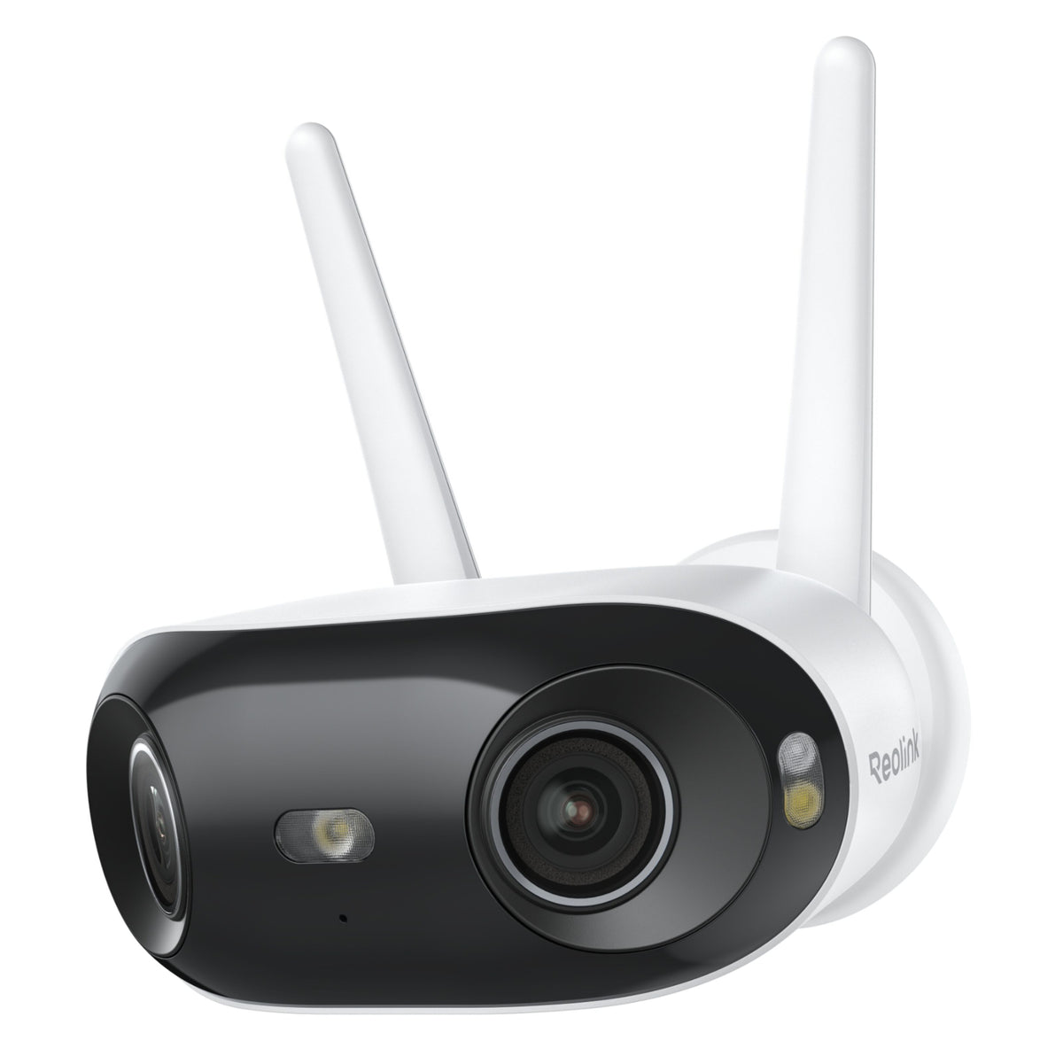 Reolink Elite WiFi 4K 180° overvågningskamera, to antenner, sort front, hvidt kabinet, vægmontering, AI og panorama.