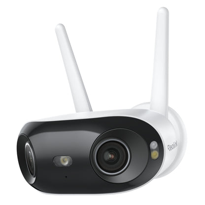 Reolink Elite WiFi 4K 180° overvågningskamera, to antenner, sort front, hvidt kabinet, vægmontering, AI og panorama.