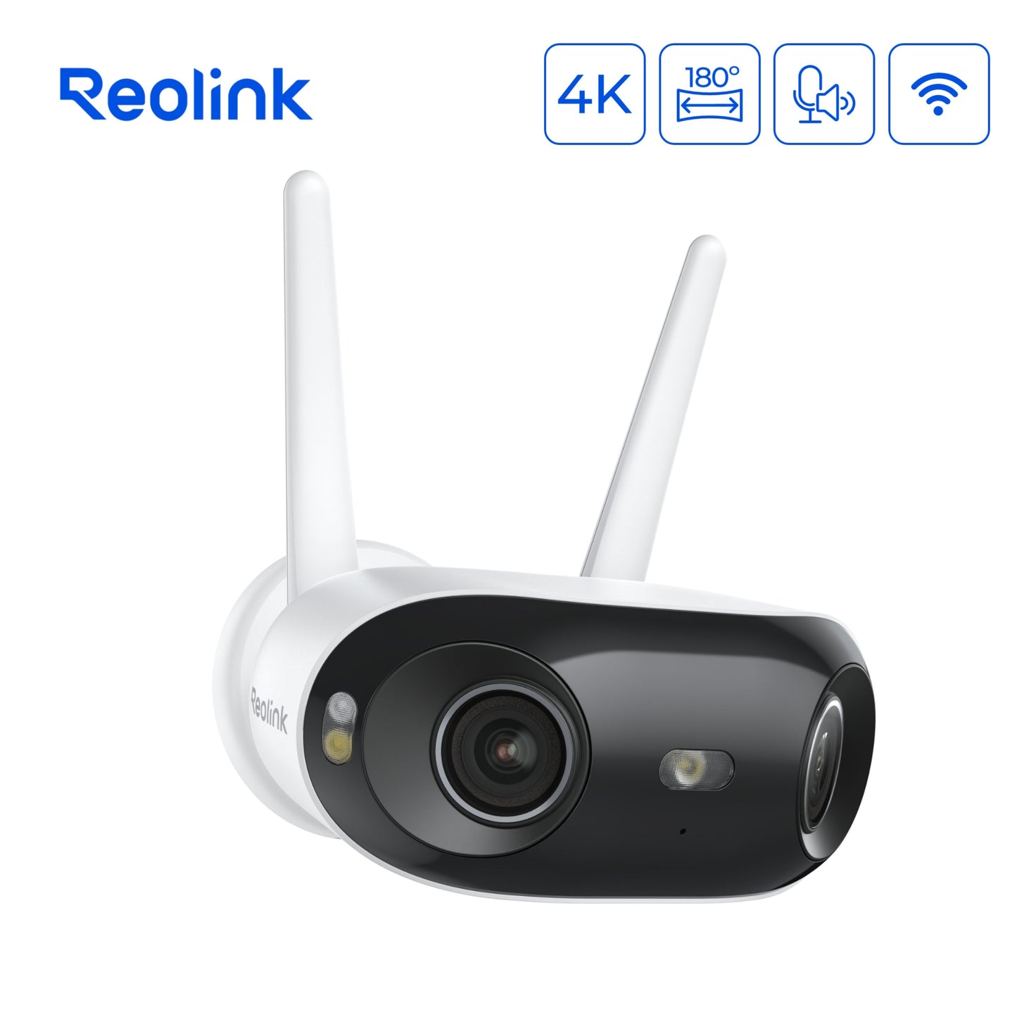 REOLINK Elite WiFi 4K 180° overvågningskamera med ikoner for 4K, 180° panorama, tovejskommunikation og Wi-Fi.
