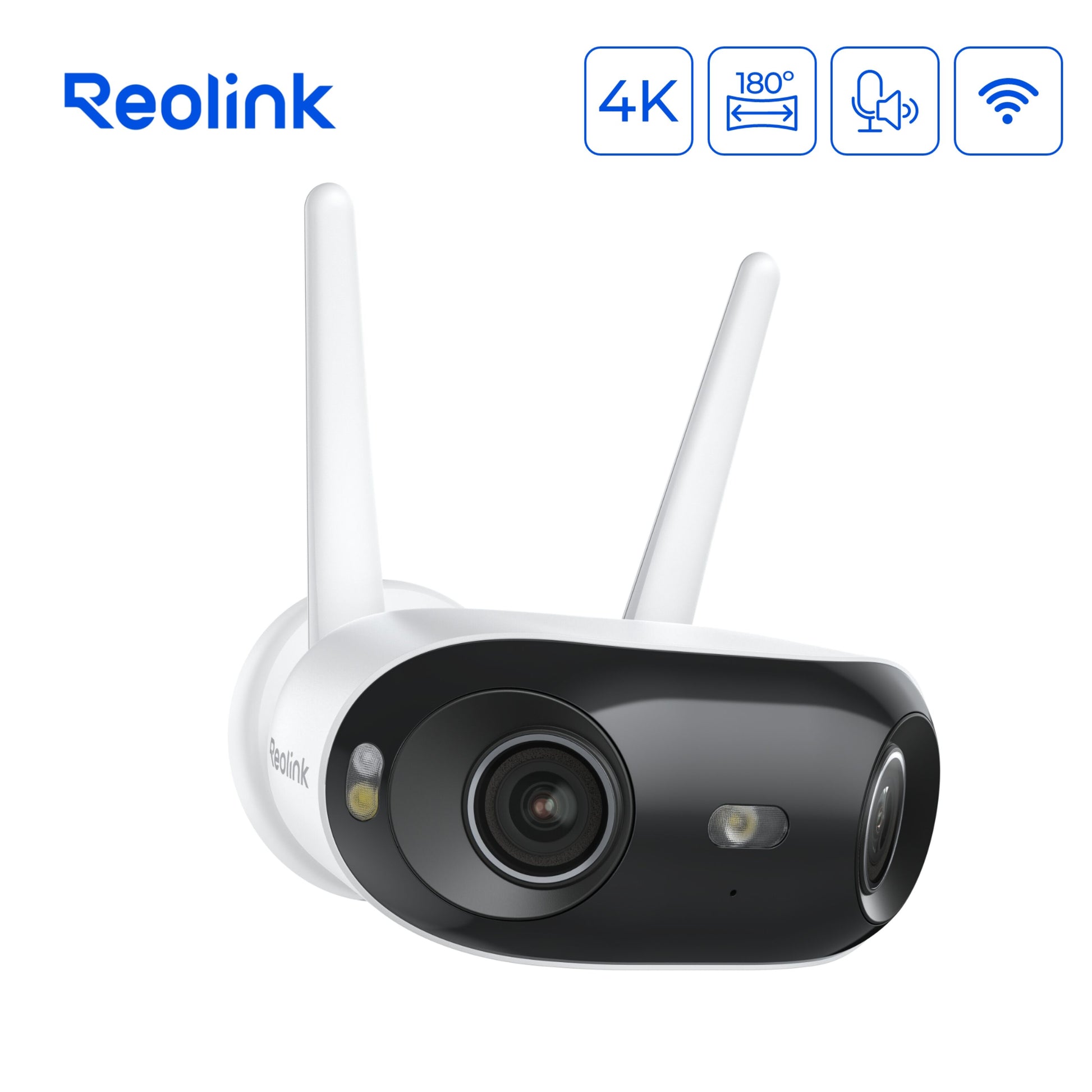 REOLINK Elite WiFi 4K 180° overvågningskamera med ikoner for 4K, 180° panorama, tovejskommunikation og Wi-Fi.