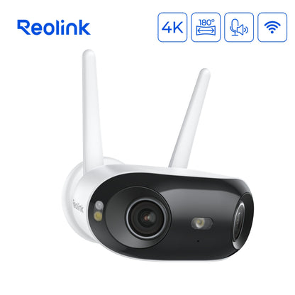 REOLINK Elite WiFi 4K 180° overvågningskamera med ikoner for 4K, 180° panorama, tovejskommunikation og Wi-Fi.